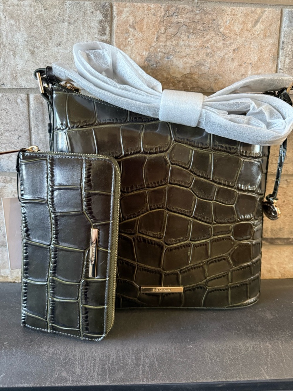 Brahmin Matcha Green Katie  Croc-Embossed Leather Crossbody with Wallet SET